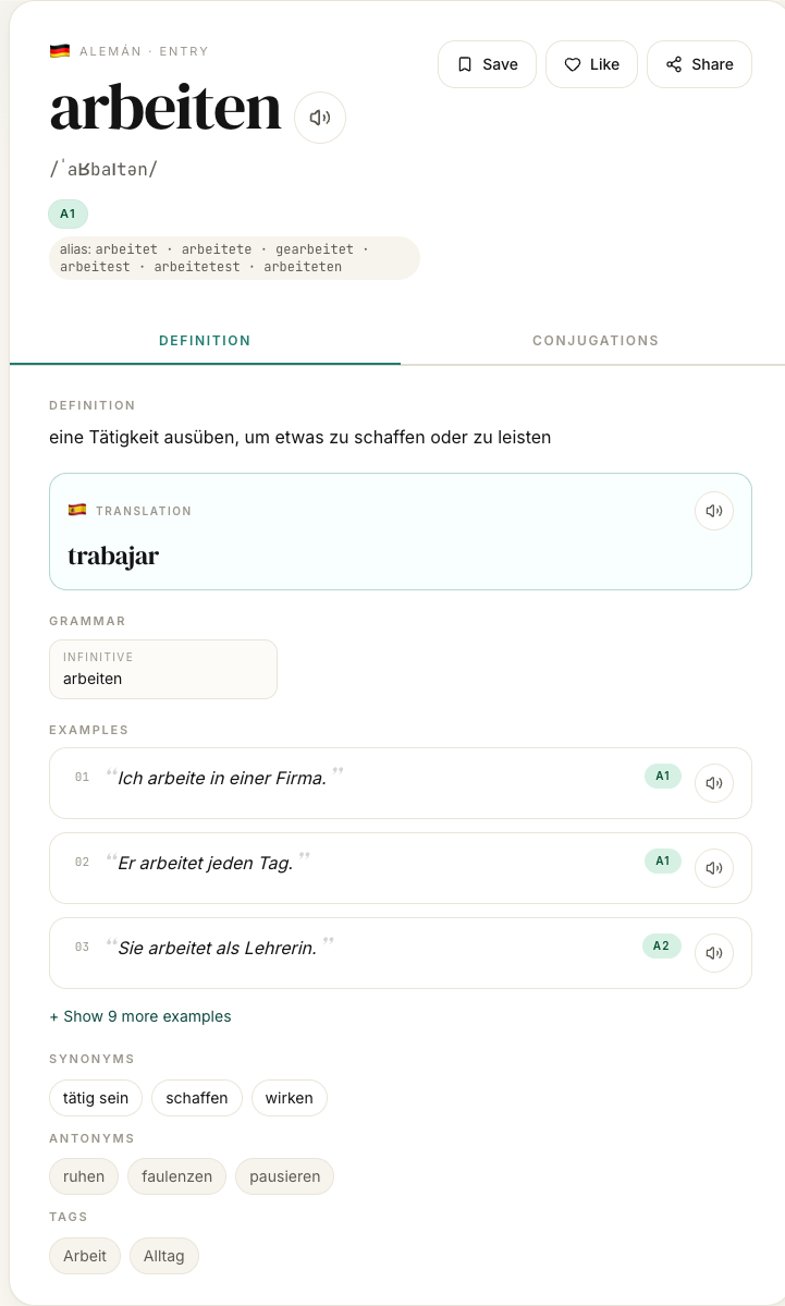 Una entrada del diccionario de Lehrito para el verbo alemán “arbeiten”, con pronunciación, traducción, ejemplos, sinónimos y etiquetas.
