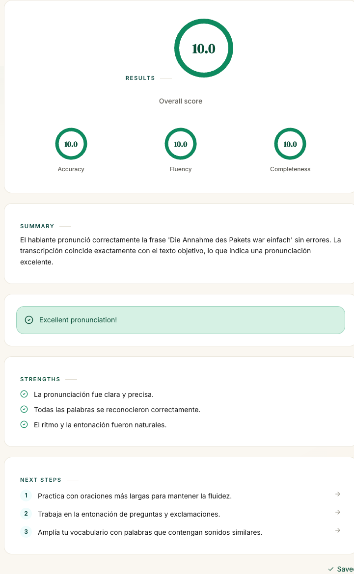 Un resultado de la IA de pronunciación con puntuaciones de precisión, fluidez e integridad y un resumen.