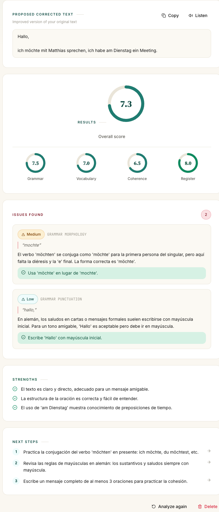 Un análisis de la IA de escritura con puntuaciones, errores explicados, puntos fuertes, próximos pasos y un texto corregido.